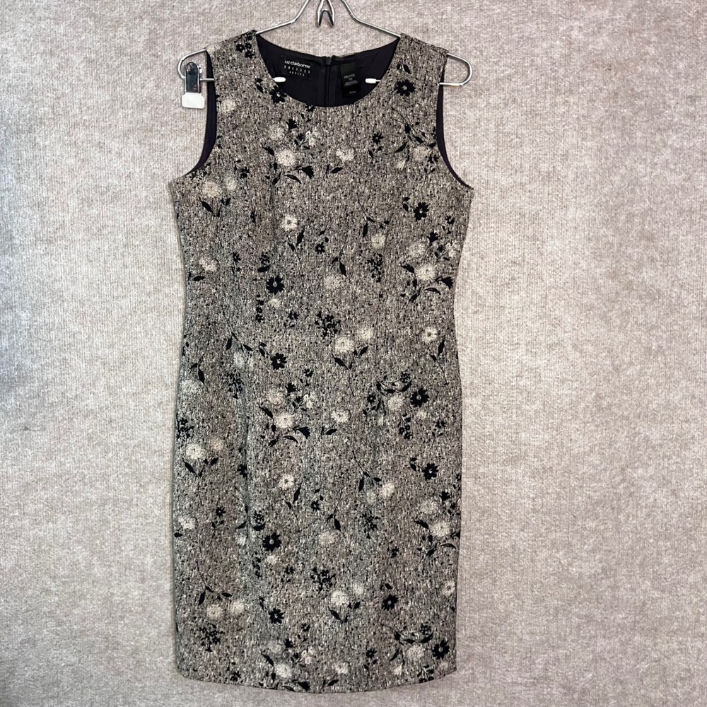Liz Claiborne Sheath Dress Womens 10P Black Silver Floral Sleeveless Textured